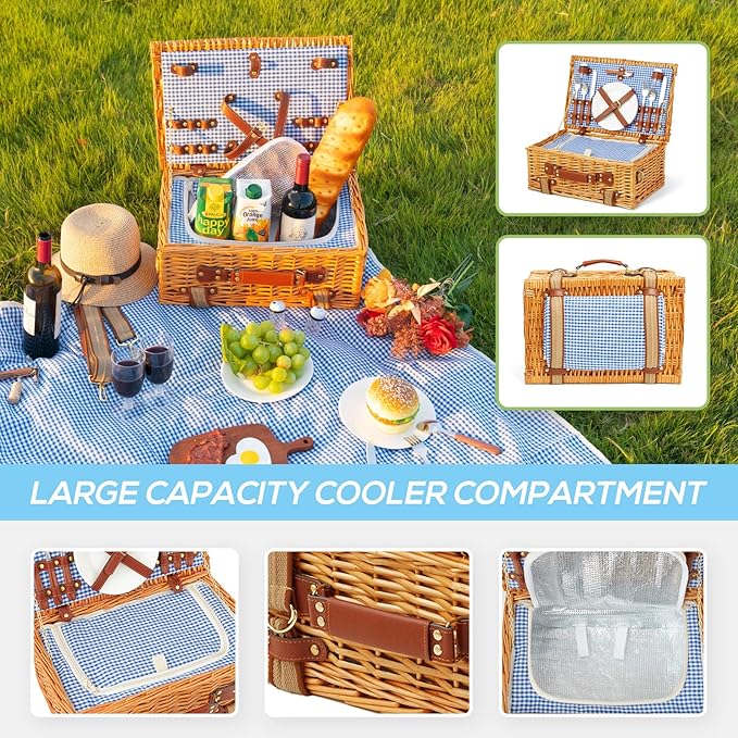 Wicker Picnic Basket Set for 2 Person with Cooler Compartment and Waterproof Picnic Blanket,Removable Strap,Cutlery Set,for Camping,Day Travel,Beach,Hiking,BBQ and Family/Couples Gifts