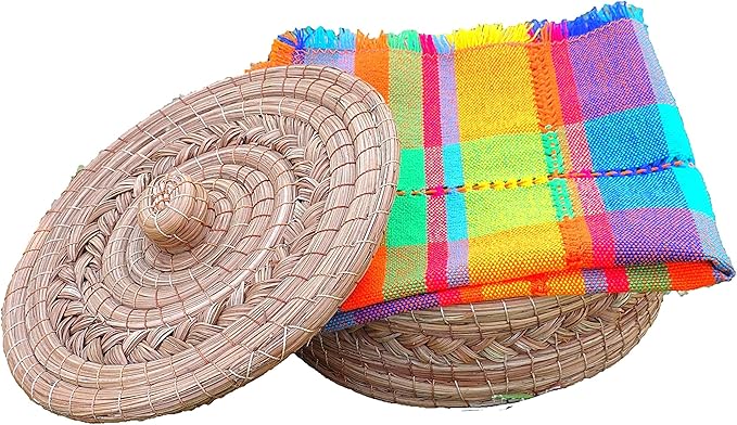 Authentic Mexican Tortilla Warmer Basket - Pine Needle Handwoven with Handloomed Cloth (Natural 9" w cloth)