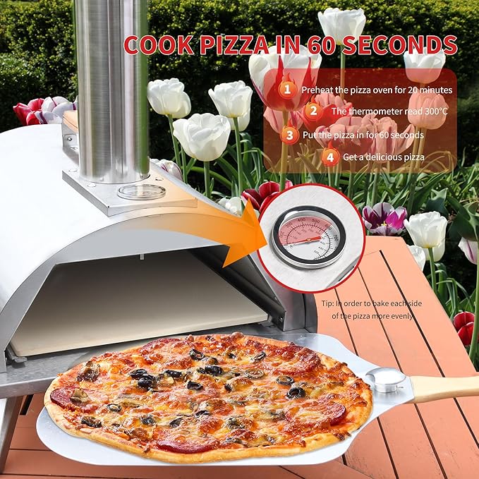 12" Wood Pellet Pizza Oven – Portable Stainless Steel Outdoor Pizza Maker with Built-In Thermometer, Foldable Legs, Carry Handle & Cordierite Pizza Stone for Backyard, Patio & Camping