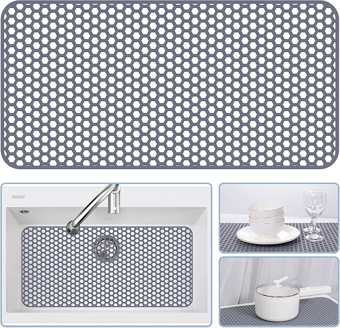 Bestjing Silicone Sink Protectors for Kitchen Sink - 28.4"x 14.3" Kitchen Protector Mat Accessory, Non-Slip Heat Resistant Mat for Bottom of Farmhouse Porcelain Stainless Steel, Dishwasher Safe (Gray)