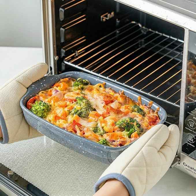 Ceramic Bakeware Dish Set of 3, Rectangular Baking Casserole for Oven,High Heat Resistant,Lasagna Pan Deep with Handles,Handcraft Speckle Series (13.8''/12''/9.6''Grey)