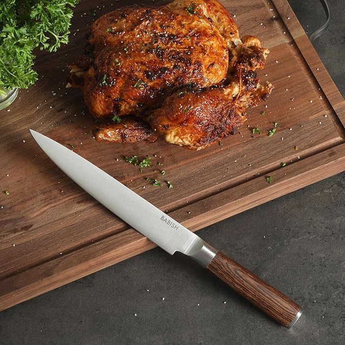 Babish 8-Inch Carving Knife – High-Carbon 1.4116 German Steel Slicing Knife with Dark Pakka Wood Handle, Full-Tang Razor Sharp Blade for Carving Meat, Turkey, Roast & BBQ