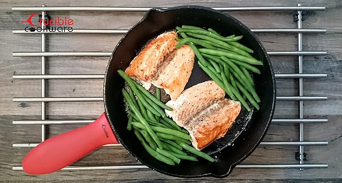 Crucible Cookware Cast Iron Skillets, Set Of 4 (Pre-seasoned) 10 Inch - 5.1 Inch, Including Large & Small Silicone Hot Handle Holders | Indoor & Outdoor Use