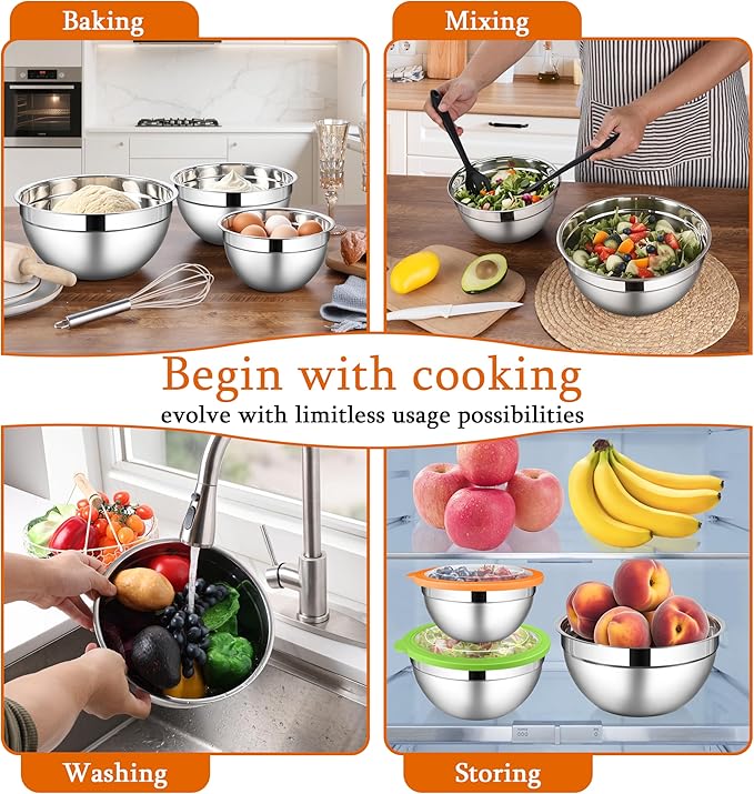 LIANYU Mixing Bowls with Lid Set of 3, Large & Small Stainless Steel Metal Salad Mixing Bowls, 1.5 & 3 & 4.6QT Sizes For Kitchen Cooking, Baking, Storage, Food Prepping, Serving, Three-Color