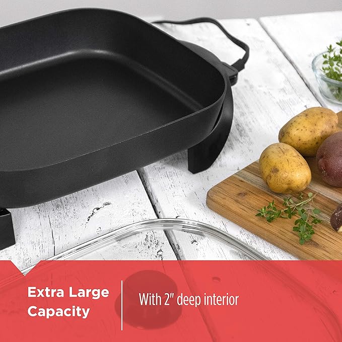 BLACK+DECKER Electric Skillet,Variable Temperature Control,Nonstick Cooking Surface,Dishwasher Safe,Tempered Glass Lid,12"x15",(Pack of 2)