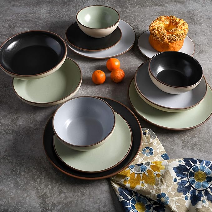 Gibson Elite Contempo Classic 16-Piece Double Bowl Dinnerware Set, Service for 4 – Mint Stoneware Plates and Bowls
