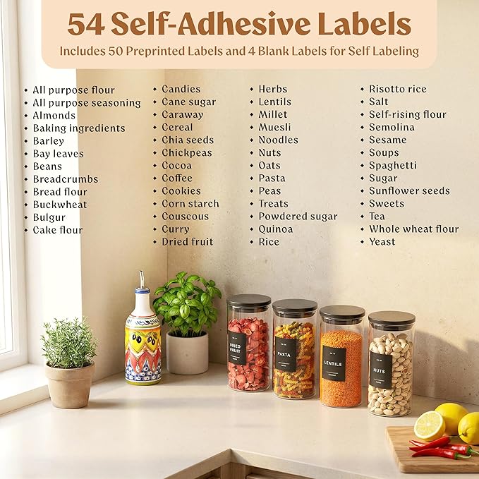EDELHAUS Glass Storage Containers with Black Lids [4x40oz] Extra Thick Glas with 54 Labels - Canister For Pantry Noodles Flour Cereal Rice Sugar Tea Coffee Beans - Round Set