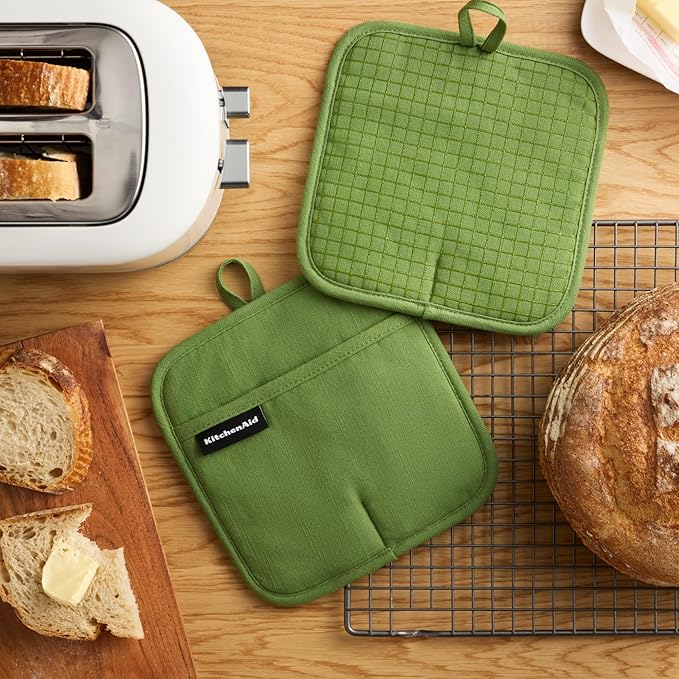 KITCHENAID Gourmet Series Gridlines Pot Holders 2-Pack Set, Heat Resistant up to 600°F, Soft Silicone Grip, Magnetic Cuff, Matcha Green, 8"x8"