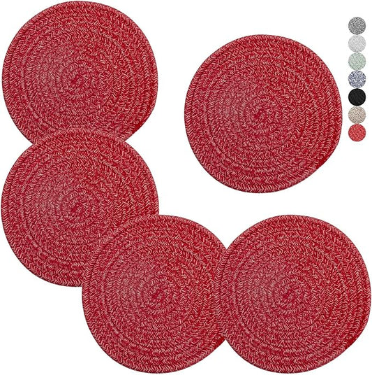 Trivets for Hot Dishes, Pots and Pans, 8 Inches Hot Pads 5 Pcs, Pot Holders for Kitchen, Heat Resistant Mat Protect Counter, Coasters Set Home Essentials Farmhouse Decor (Red)