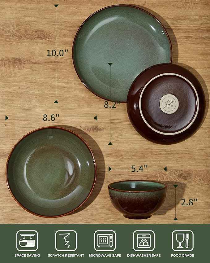 24 Piece Double Bowl Dinnerware Sets with Pasta Bowls, Highly Chip and Crack Resistant Plates and Bowls Sets, Natural Earthyware Ceramic Dishware Sets, Service for 6 Brown Green
