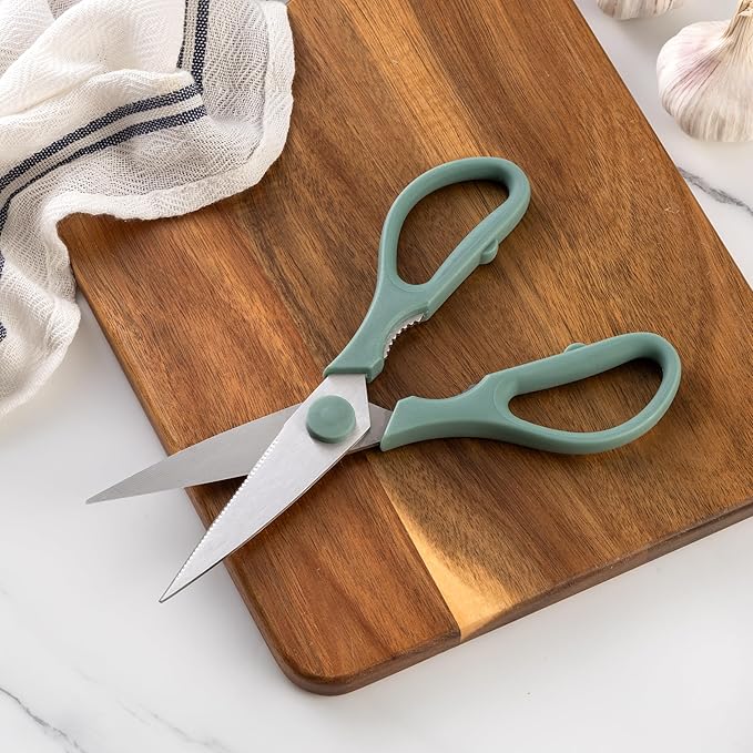 Rae Dunn Kitchen Scissors- Stainless Steel Kitchen Shears, Cooking Scissors for Cutting Meat, Chicken, Herbs and Produce with Blade Cover and Soft Grip Handles (Sage)