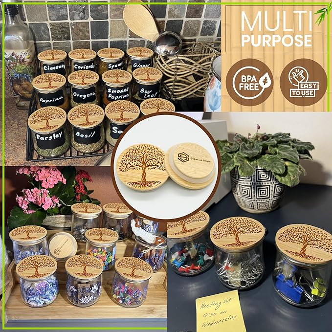 Oui Yogurt Jar Lids Bamboo Tree of Life – 24-Pack Bamboo Lids for Oui Jars with Silicone Seal – Airtight Oui Jar Covers for Yogurt Glass Jars – Labels & Cotton Storage Bag Included
