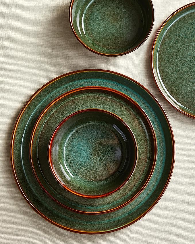 Pokini Plates and Bowls Sets for 4, Ceramic Dinnerware Sets, Kitchen Dish Set, Microwave & Dishwasher Safe Dishware, Highly Durable Hand Glazed Dinner Set, Brown Green