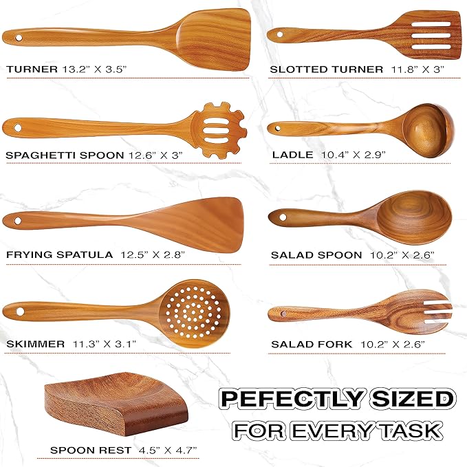 9-Piece Teak Wooden Utensil Set – Wooden Spoons for Cooking with Spoon Rest, Wooden Spatula, and Non Toxic Cooking Utensils – Premium Kitchen Utensils Set for Daily Use