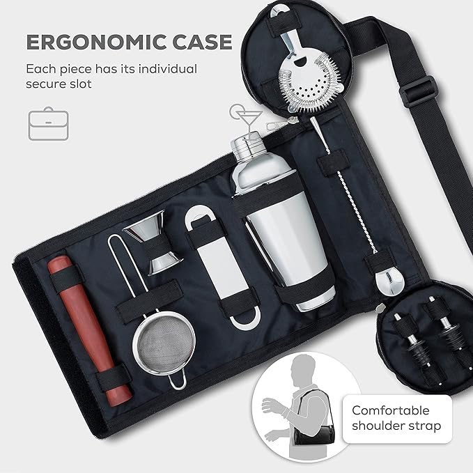 FineDine 10-Piece Cocktail Shaker Set with Travel Bag - Stainless Steel Shaker Set Bartender Kit - Mixology Bartender Kit - Strainer, Muddler, Jigger, Bar Spoon, Bottle Opener, Pour Spouts - Bar Set