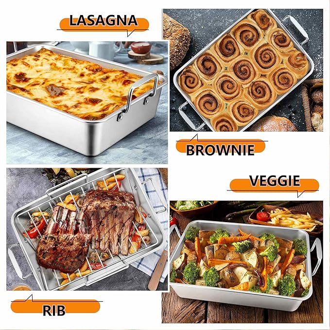 LIANYU 16 Inch Roasting Pan, Large Turkey Roaster with V-Shaped Rack and Baking Rack, Heavy Duty Stainless Steel Deep Broiling Lasagna Pan with Handle for Chicken, Dishwasher Safe
