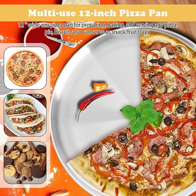 AWTBDP 12 Inch Pizza Pan for Oven Set of 2, Non-Stick Stainless Steel Pizza Pans, Sturdy Non-Toxic Round Pizza Tray for Cookie Pizza Pie Cake, Dishwasher Safe & Easy Clean