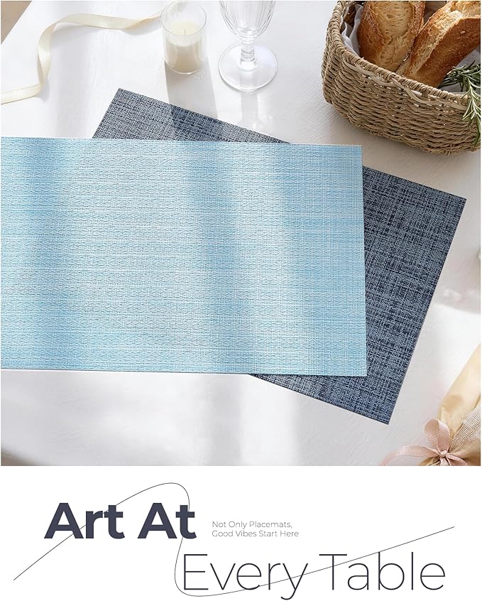 Leetaltree Soft Sky Blue Woven Placemats Set of 6 - Heat Resistant Non-Slip Place mats for Dining Table, Washable Durable PVC Vinyl Woven Table Mats(Sky Blue, 6)