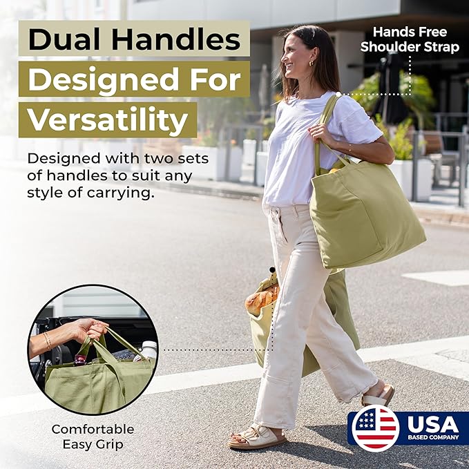 VeraMia Canvas Grocery Bag 3pc XL Set with Real Pockets, Long Shoulder Strap and Short Handle. Heavy Duty, Foldable, Washable