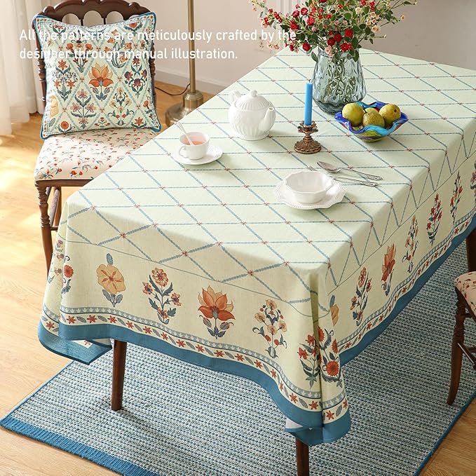 ISAENNE Designer Linen Floral Small Rectangle Tablecloth,Light Green Farmhouse Durable Table Cloth,Washable Decor Tablecloths for Dining Kitchen Thanksgiving Christmas,55"*71"-Floralsea B
