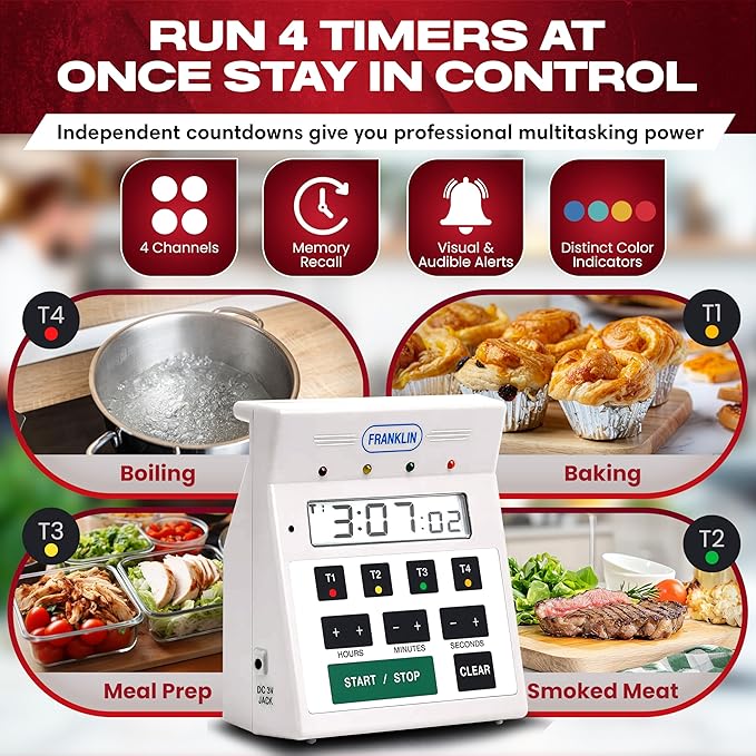 FMP Digital 4 Channel Commercial Kitchen Timer - Battery Operated Digital Countdown Timer for Kitchen, Cooking, Restaurant, Classroom – Water Resistant - 7-Inch, White - 151-7500 by FryOilSaver Co