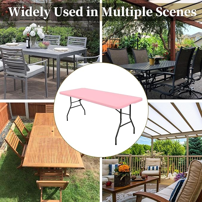 6 Pack Fitted Tablecloth for 8 Foot Rectangle Tables, Pink Elastic Outdoor Picnic Table Cover, Washable Stretch Folding Table Cloths 8 ft for Camping Party Patio Kitchen Banquet, 30" W x 96" L