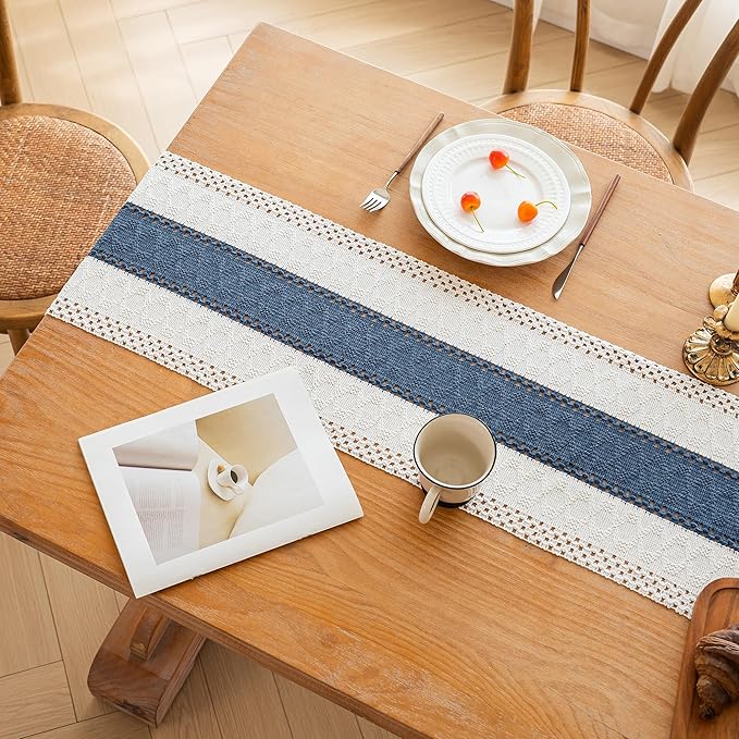 FEXIA Boho Table Runner for Home Decor with Tassels 60 Inches Long,Blue Farmhouse Rustic Table Runner Macrame Burlap Table Decoration for Living Room Bridal Shower(12x60 Inches)