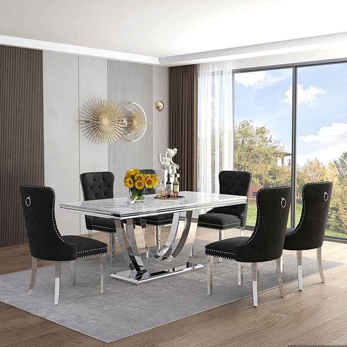 Marble Dining Table Set for 6,70" White Faux Marble Kitchen Tables and Velvet Chairs for 6,7 Piece Luxury Dining Room Table Set and 6 Upholstered Chairs with Silver Stainless Steel Bases