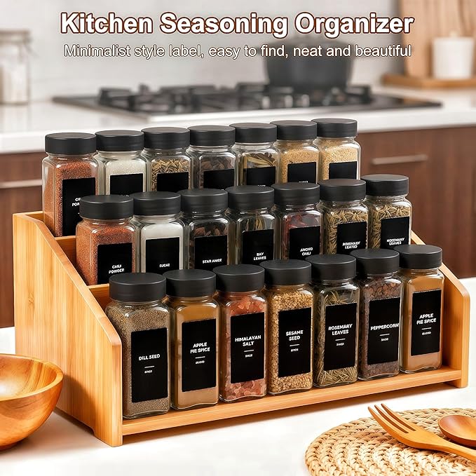 48Pcs Spice Jars Containers with Labels，4oz Black Seasoning Bottles with Shaker Lids for Rack, Cabinet, Drawer,Empty Square Condiment Pots (48, Black)