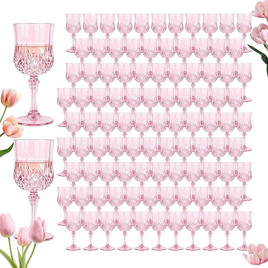 Plastic Wine Glasses, Plastic Goblets Vintage Style Cordial Unbreakable Drinking Glasses, Reusable Drinkware for Wedding Reception, Grand Event Party Supplies (100, Pink)