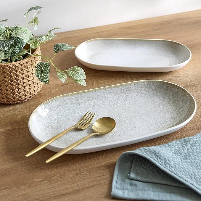 SANGO Anderson Serving Platters Set of 2, 14/12 Inch Stoneware Serving Dishes for Entertaining, Glossy Party Serving Trays for Food, Buffet Oval Platters for Bread, Appetizer, Cheese, Reactive Cream