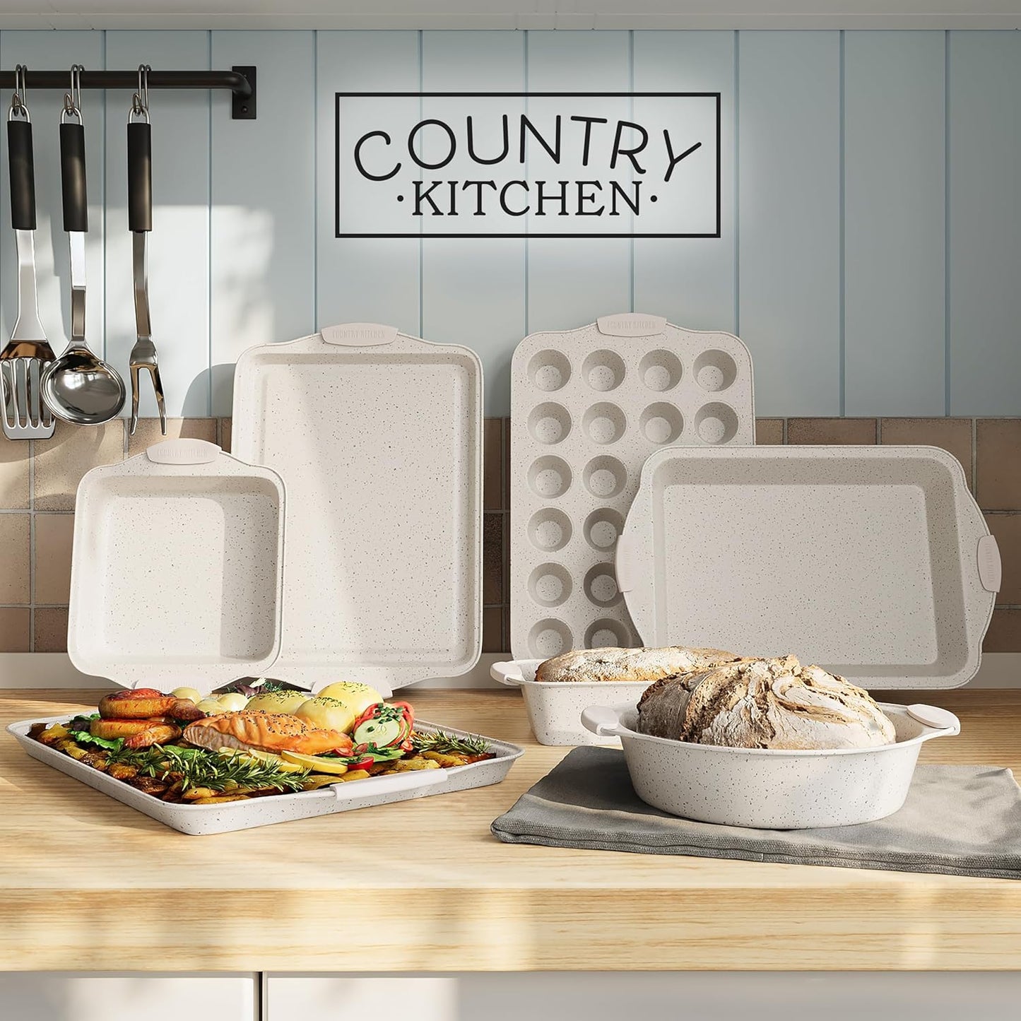 Country Kitchen Nonstick Stackable Bakeware Set - Heavy Duty, Durable, Easy Release Baking Set, Cream, 10 Pcs