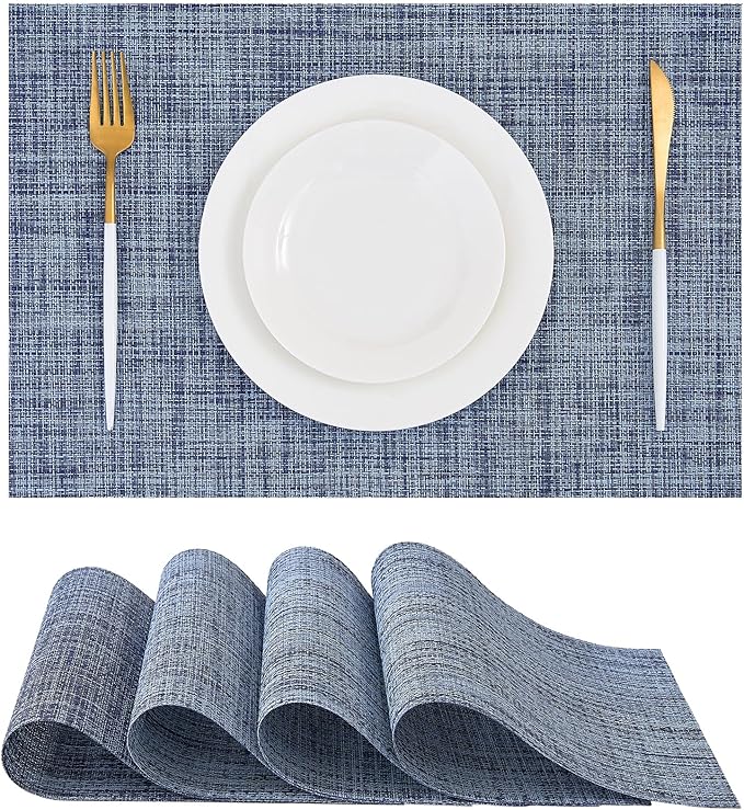 Leetaltree Deep Navy Woven Placemats Set of 4 - Heat Resistant Non-Slip Place mats for Dining Table, Washable Durable PVC Vinyl Woven Table Mats(Deep Navy, 4)