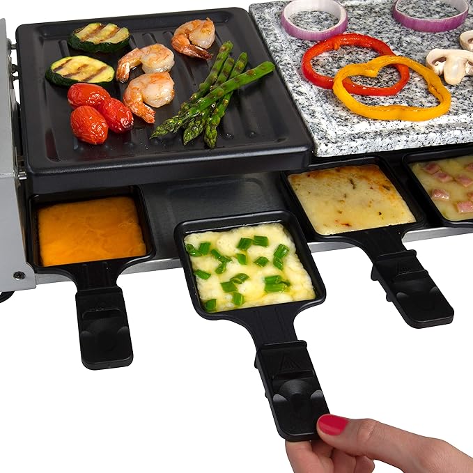Electric Cheese Raclette Table Grill w Nonstick Grilling Plate & Cooking Stone- Indoor Smokeless Korean BBQ 8 Person Tabletop Cooker Hotplate- Melt or Grill Meat, Veggies for Home Dinner Party or Apps