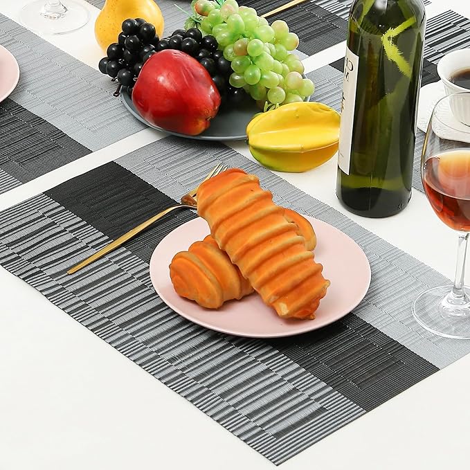 Leetaltree Grey with White Striped Placemats Set of 4 - Heat Resistant Non-Slip Place mats for Dining Table, Washable Durable PVC Vinyl Woven Table Mats（Grey Stripe, 4）