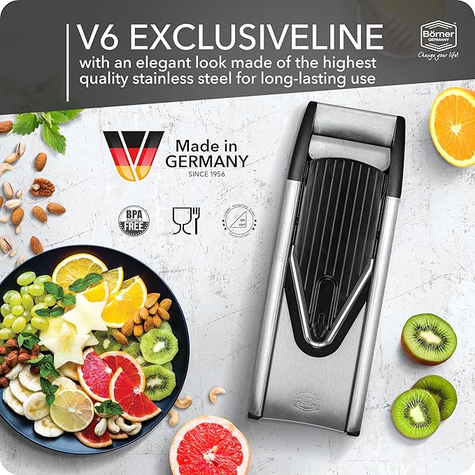 Borner V6 Exclusive Line V-Mandoline Slicer 8-in-1 Pro-Set, Stainless Steel Vegetable Cutter with Safety Insert, Slice Insert, 2 Blade Inserts