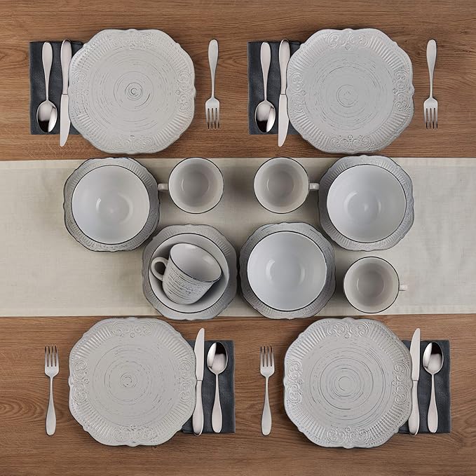 Pfaltzgraff Isabella 16-Piece Stoneware Dinnerware Set, Service for 4 - Handpainted Unique Glazed Finish - Includes Dinner Plates, Salad Plates, Bowls, Mugs - Dishwasher & Microwave Safe (Gray)