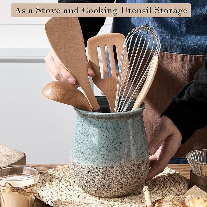 Utensil Holder for Kitchen Counter, Modern Farmhouse Cooking Utensil Holder and Crock Home Kitchen Decor, Ceramic Utensil Organizer for Spatula, Ladle, Eggbeater, Rolling Pin- Blue and Brown