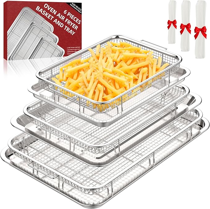3 Set Air Fryer Basket, Air Fryer Pans and Tray for Oven with 90 PCS Parchment Papers, DEGOVIN Non-stick Stainless Steel Oven Air Fryer Basket and Tray-18.8" x 12.8" &14.88"×10.98"&12.8" x 8.9"