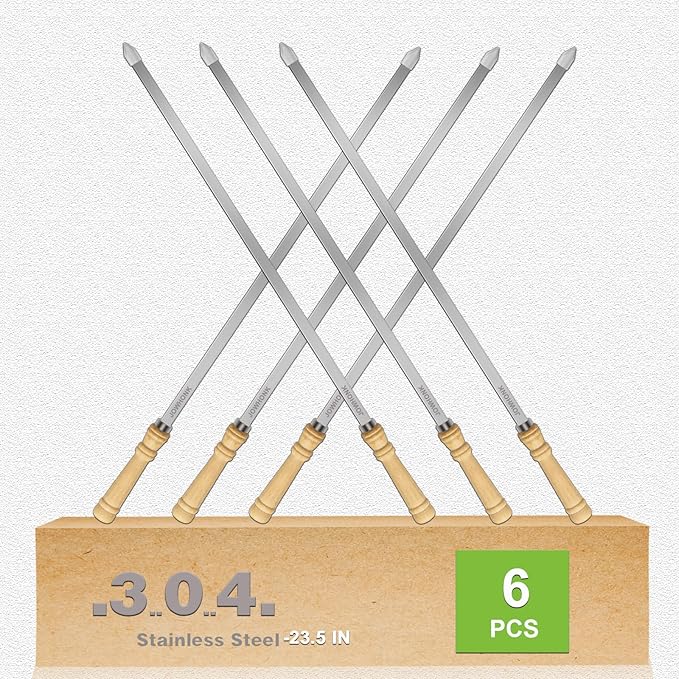 23.5" Long 304 Stainless Steel Skewers for Kabobs with Wood Handle,Heavy Duty Wide Flat Metal Kebab Skewer,Kabob Skewers for Grilling,BBQ Barbecue Skewer Reusable for Outdoor Grill（6 PCS）