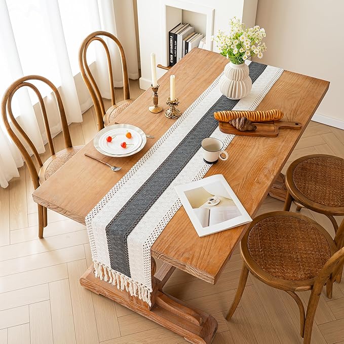 FEXIA Boho Table Runner for Home Decor with Tassels 48 Inches Long,Grey Farmhouse Rustic Table Runner Macrame Burlap Table Decoration for Living Room Bridal Shower(12x48 Inches)