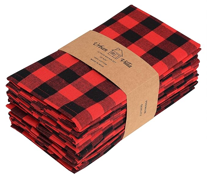 Urban Villa Cotton Dinner Napkins Set of 12, 20x20 Inche Soft Premium Cotton Napkins, Hotel Quality Highly Absorbent, Reusable & Washable Mitered Corner Table DinnerNapkins - (Red/Black, Checks)