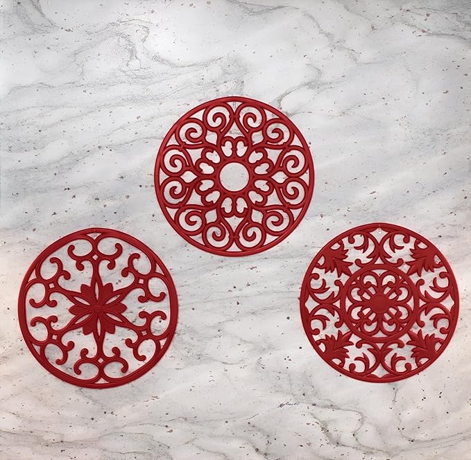 GASARÉ, Extra Large, Thick, 10" Silicone Trivets for Hot Dishes, Pots, and Pans, Hot Pads for Countertops, Flexible, Dishwasher Safe, 10 x ¼ Inches, Set of 3, Red