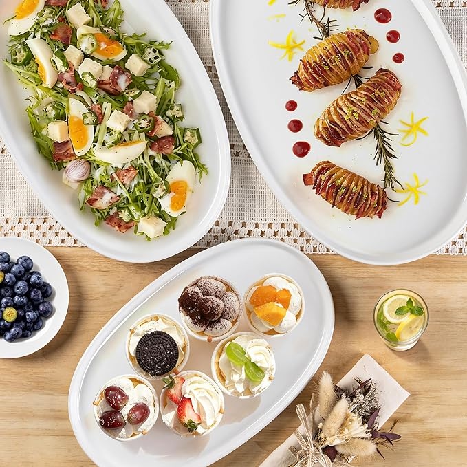 theterra Ceramic Serving Platter, 15.6"/14.4"/12.2" Oval Serving Dishes for Entertaining, Oven Safe, Microwave Safe, Serving Plates Set of 3 for Wedding, Party, Turkey, Bright White