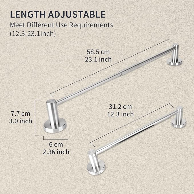 RFOUO Adjustable Towel Bar 12.3-23.1 Inch -Bath Towel Rack with SUS 304 Stainless Steel,Heavy Duty Wall Mounted Towel Bar, Towel Racks for Bathroom Kitchen Brushed Nickel
