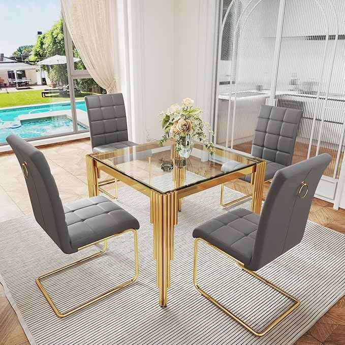 AF ARTISAN FURNITURE 37'' Square Glass Dining Table Set for 4, Kitchen Table Chairs Set of 4, Clear Gold Glass Dining Tables with Stainless Steel Legs, 4 Grey PU Dining Chairs, Living Room, Kitchen