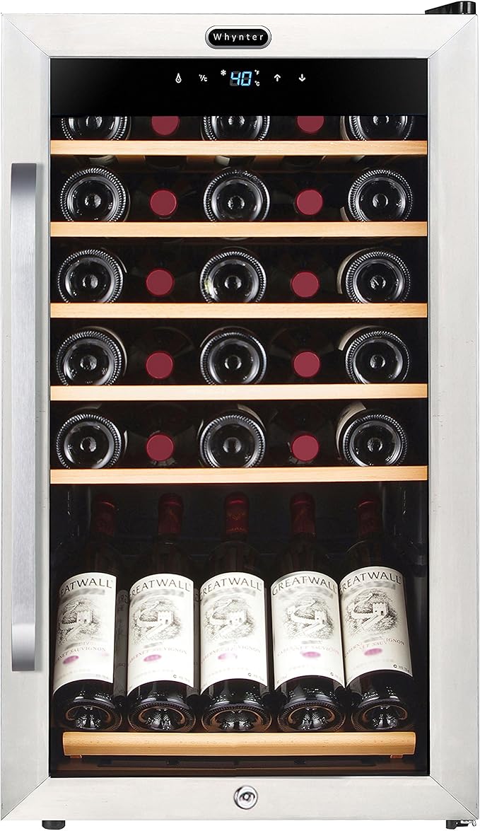 Whynter FWC-341TS 34 Bottle Freestanding Stainless Steel Wine Refrigerator with Display Shelf and Digital Control & Oster Electric Wine Opener and Foil Cutter Kit with CorkScrew and Charging Base