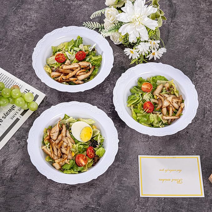 DaYammi 100 Pack Plastic Bowls, 12oz Disposable Soup Bowls, Heavy Duty Dinner Bowls for Weddings, Parties, Dinners, Catering and Everyday Use