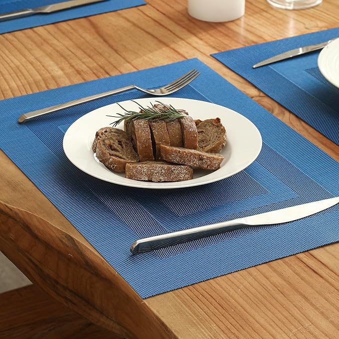 Leetaltree Blue Frame Placemats Set of 4 - Heat Resistant Non-Slip Place mats for Dining Table, Washable Durable PVC Vinyl Woven Table Mats（Blue Frame, 4）
