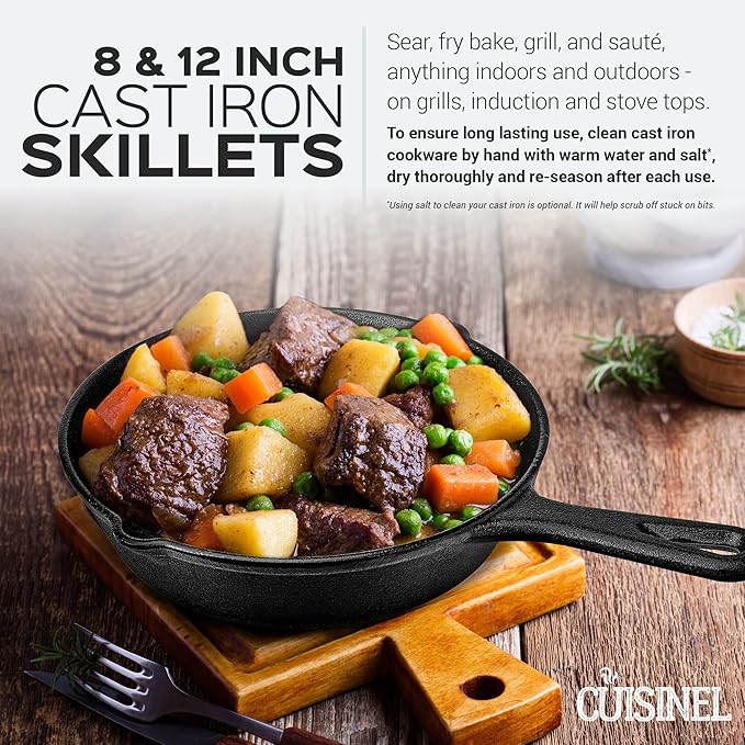 Cast Iron Skillet Set - 8" + 12"-Inch Frying Pan - Pre-Seasoned Oven Safe Cookware + 2 Heat-Resistant Handle Holder Grips - Indoor/Outdoor Use - Grill, Stovetop, Induction Safe. PFAS and PFOA-free